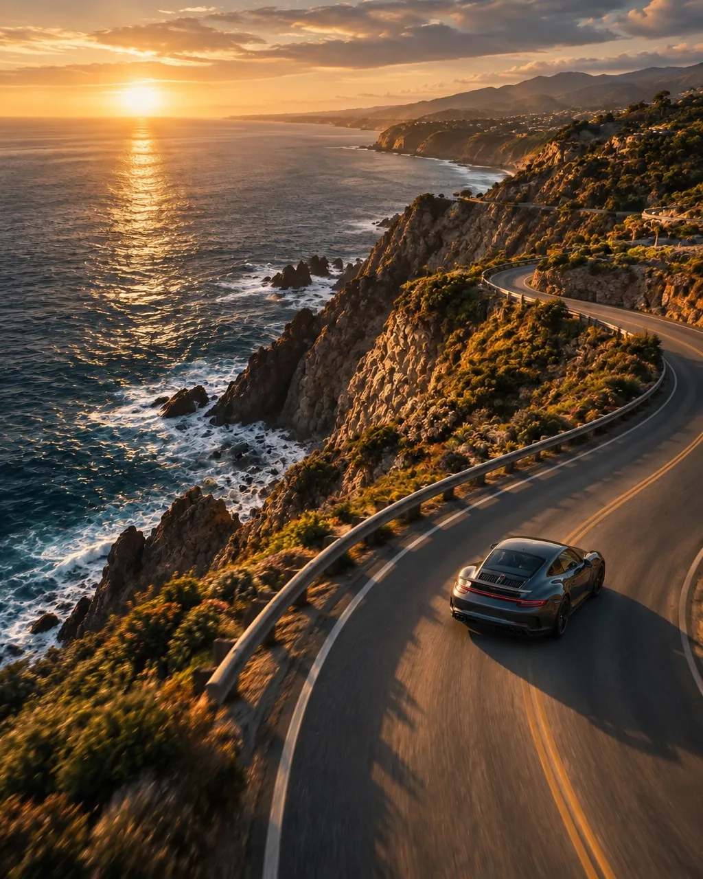 High-performance car on a winding coastal road
