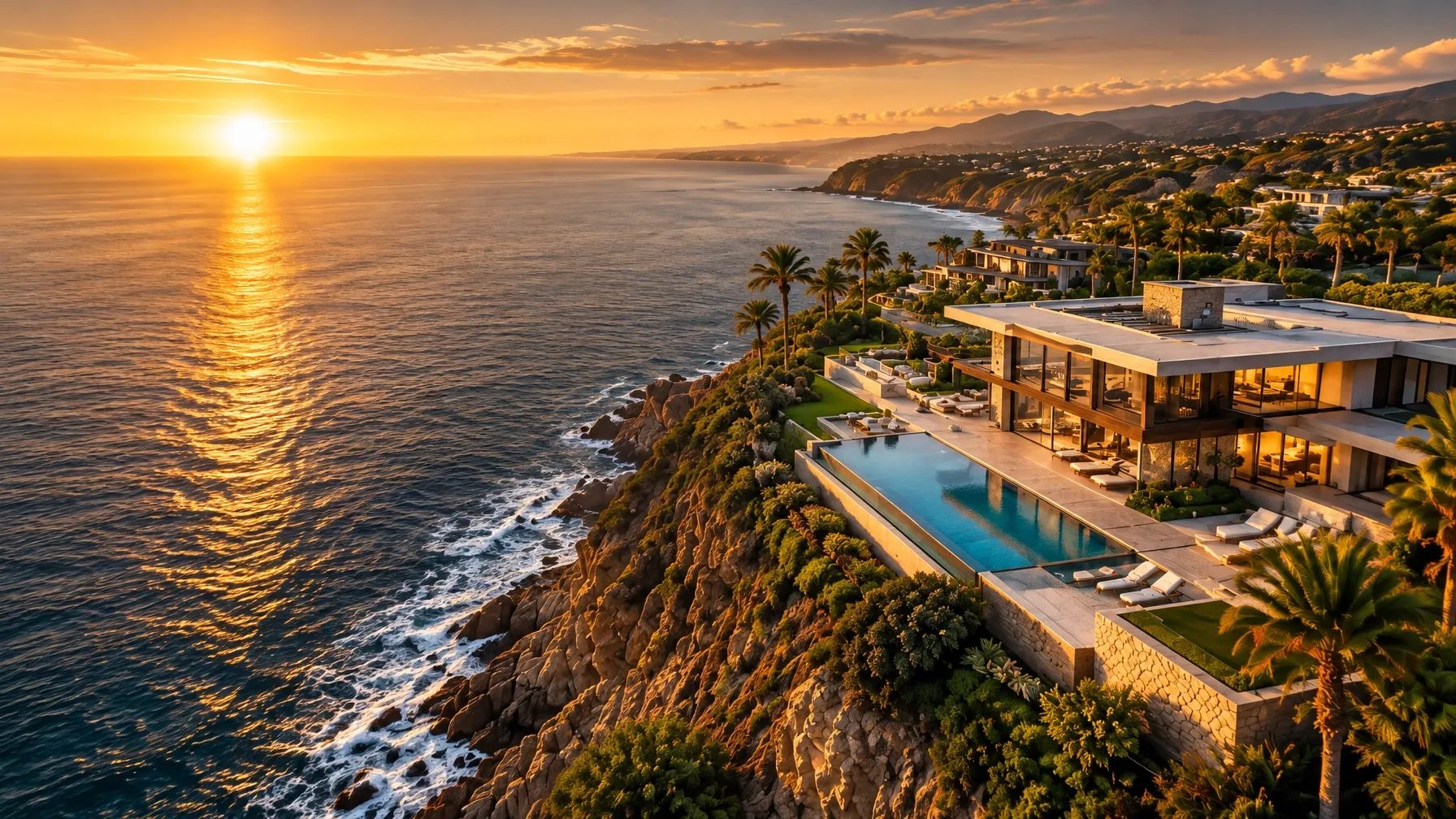Aerial view of a modern oceanfront estate above the coast at golden hour