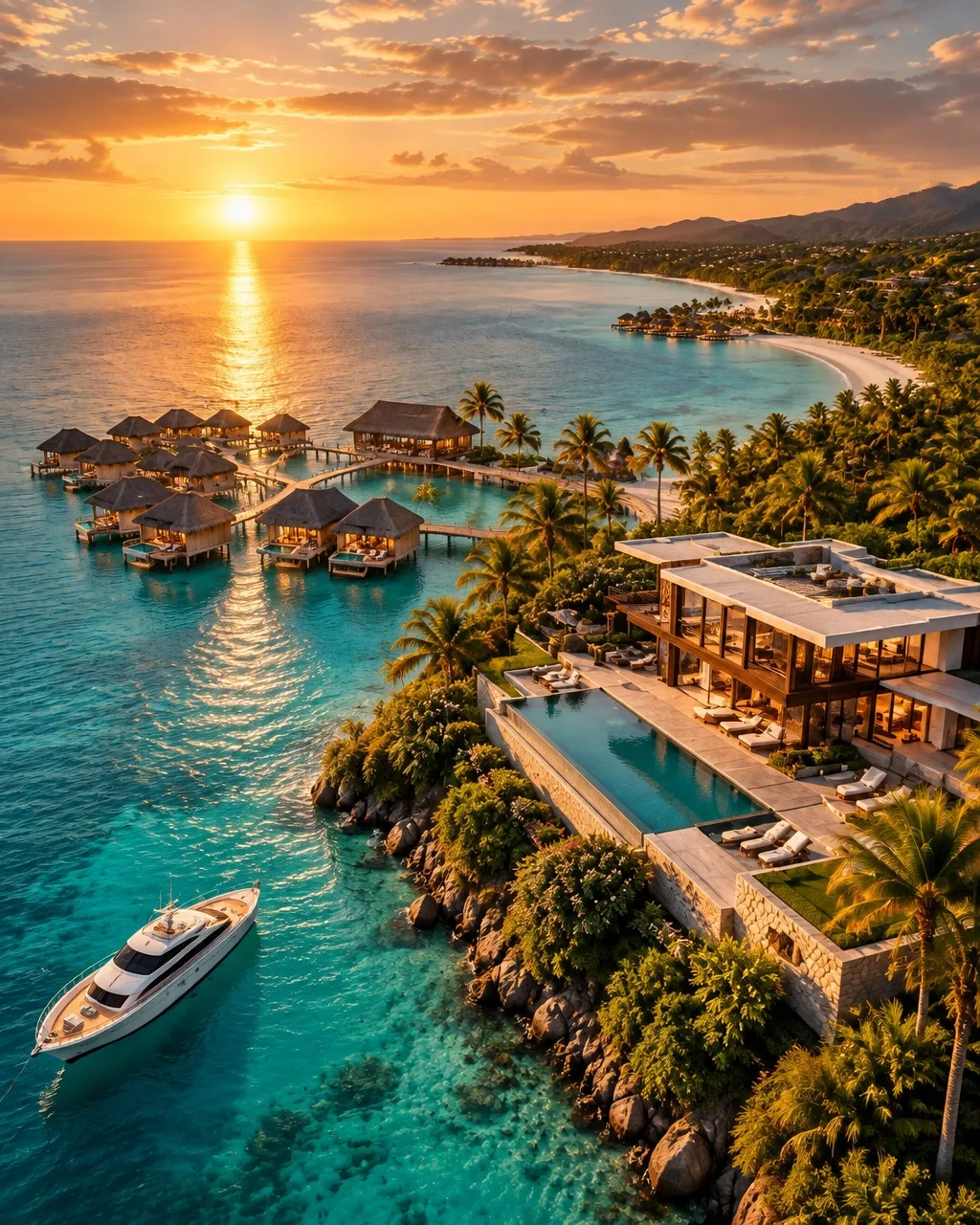 Coastal luxury resort and lagoon in golden light