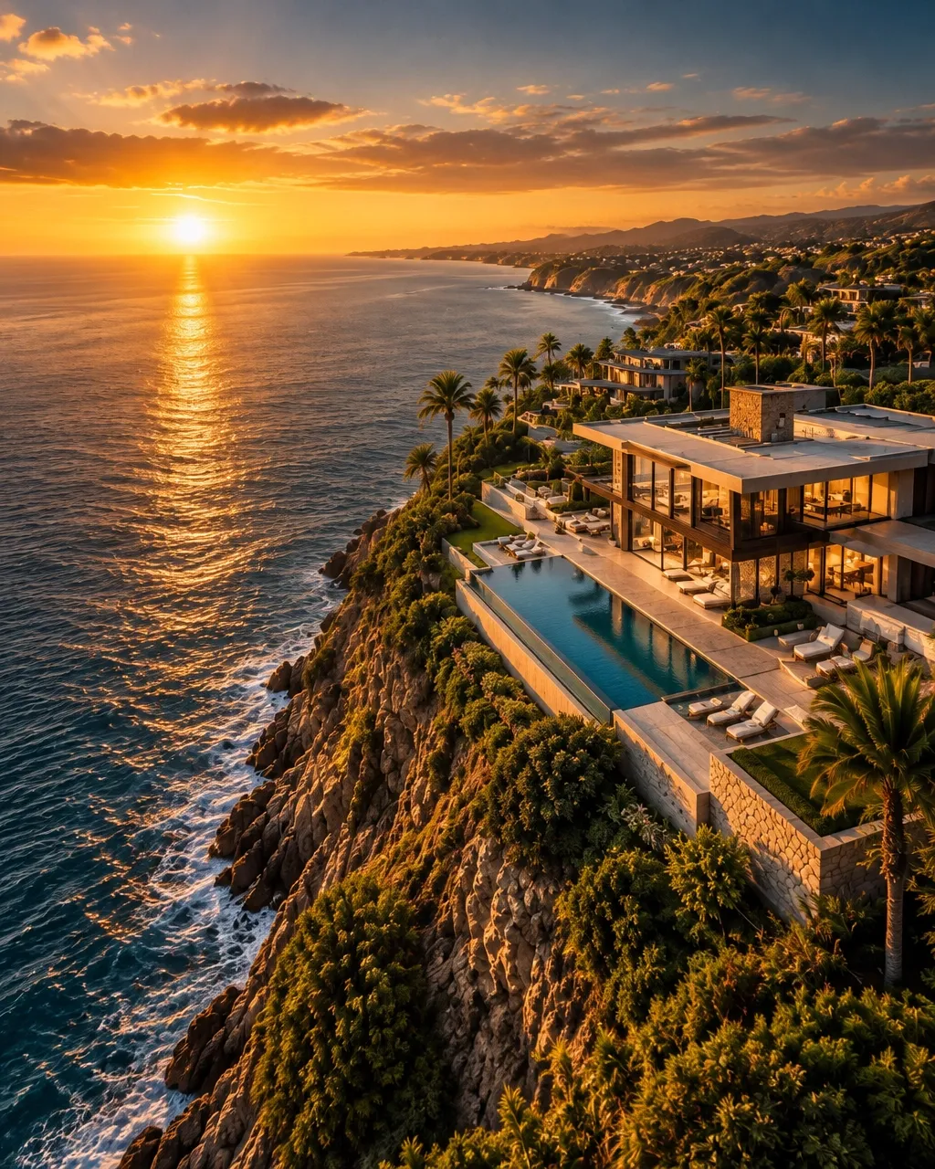 Aerial view of a modern oceanfront estate at sunset