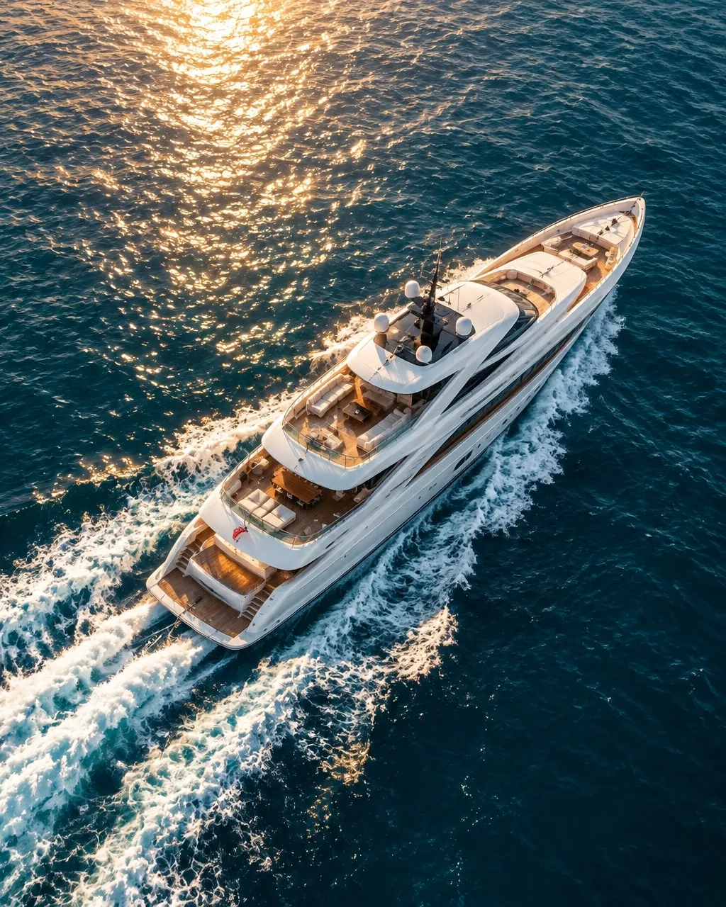 White superyacht cutting through deep blue water